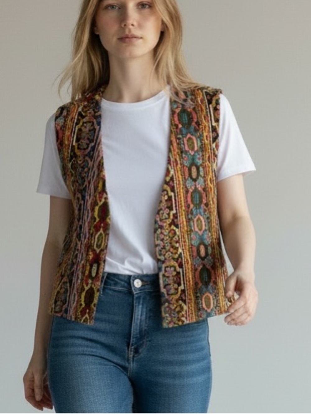 VTG 70s Tapestry Carpet Vest Open Front Boho Hippie Barmish Bros Canada S